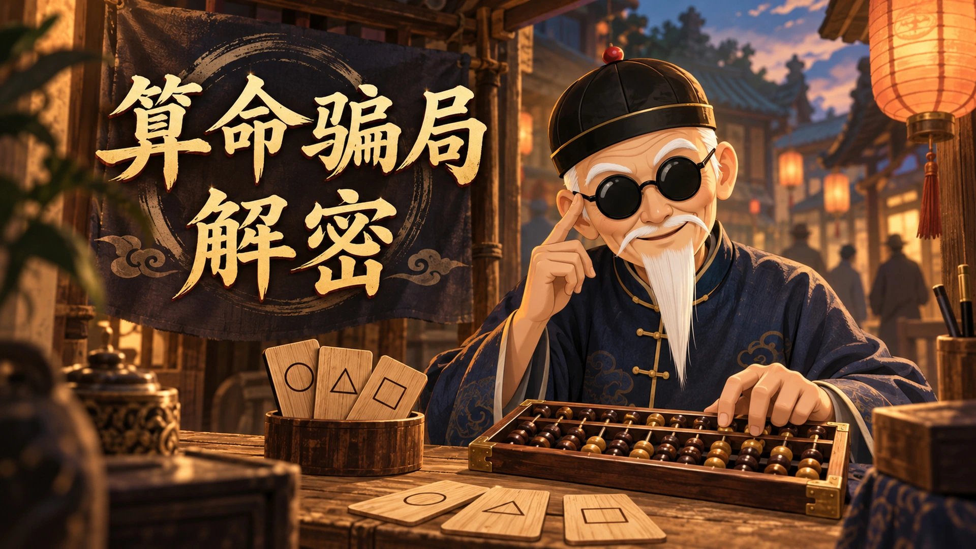 A fictional street performer with wooden cards and an abacus: promotional artwork for the game