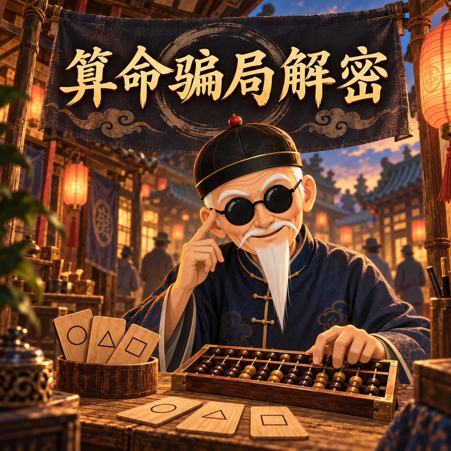 A fictional street performer with wooden cards and an abacus: promotional artwork for the game