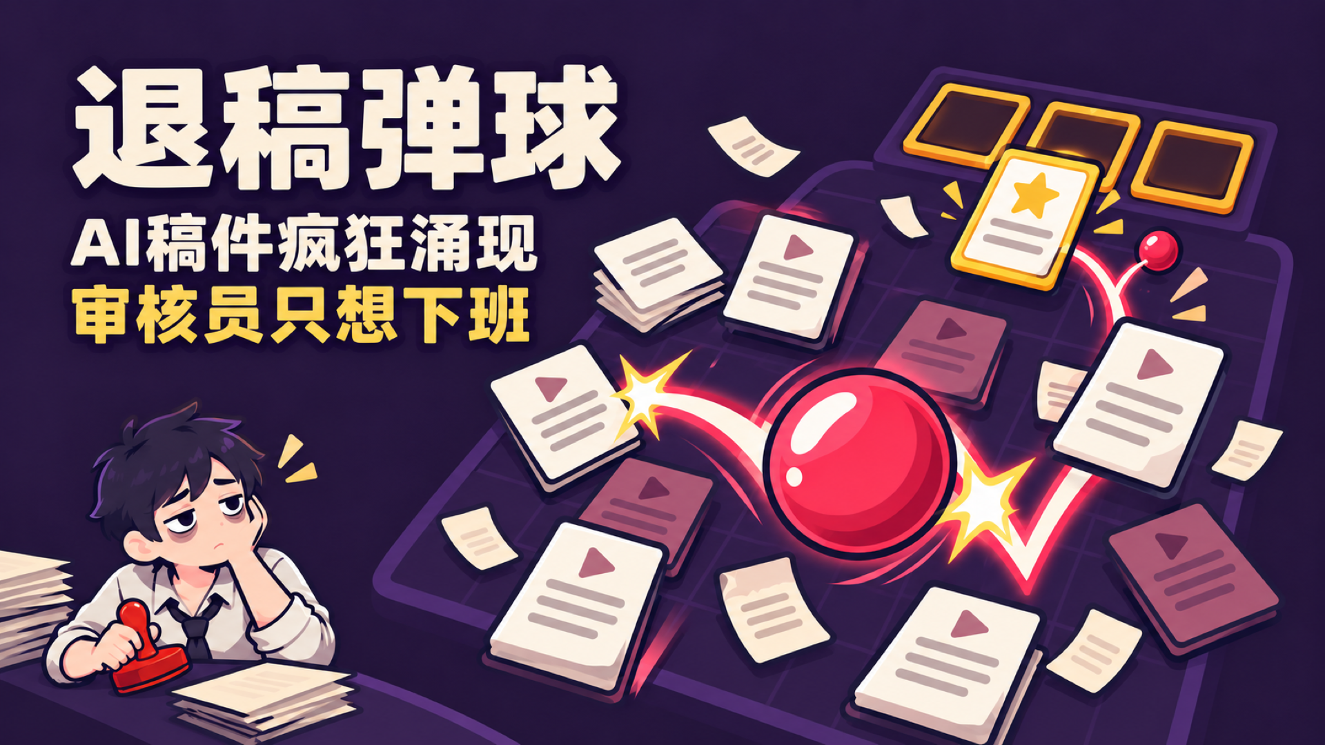 退稿弹球：AI稿件疯狂涌现，审核员只想下班，弹球在稿件间反弹的宣传插画